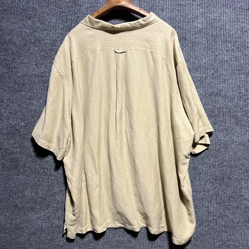 Vintage Polo Ralph Lauren Shirt Mens 4XB Tan Linen Silk Herringbone Short Sleeve